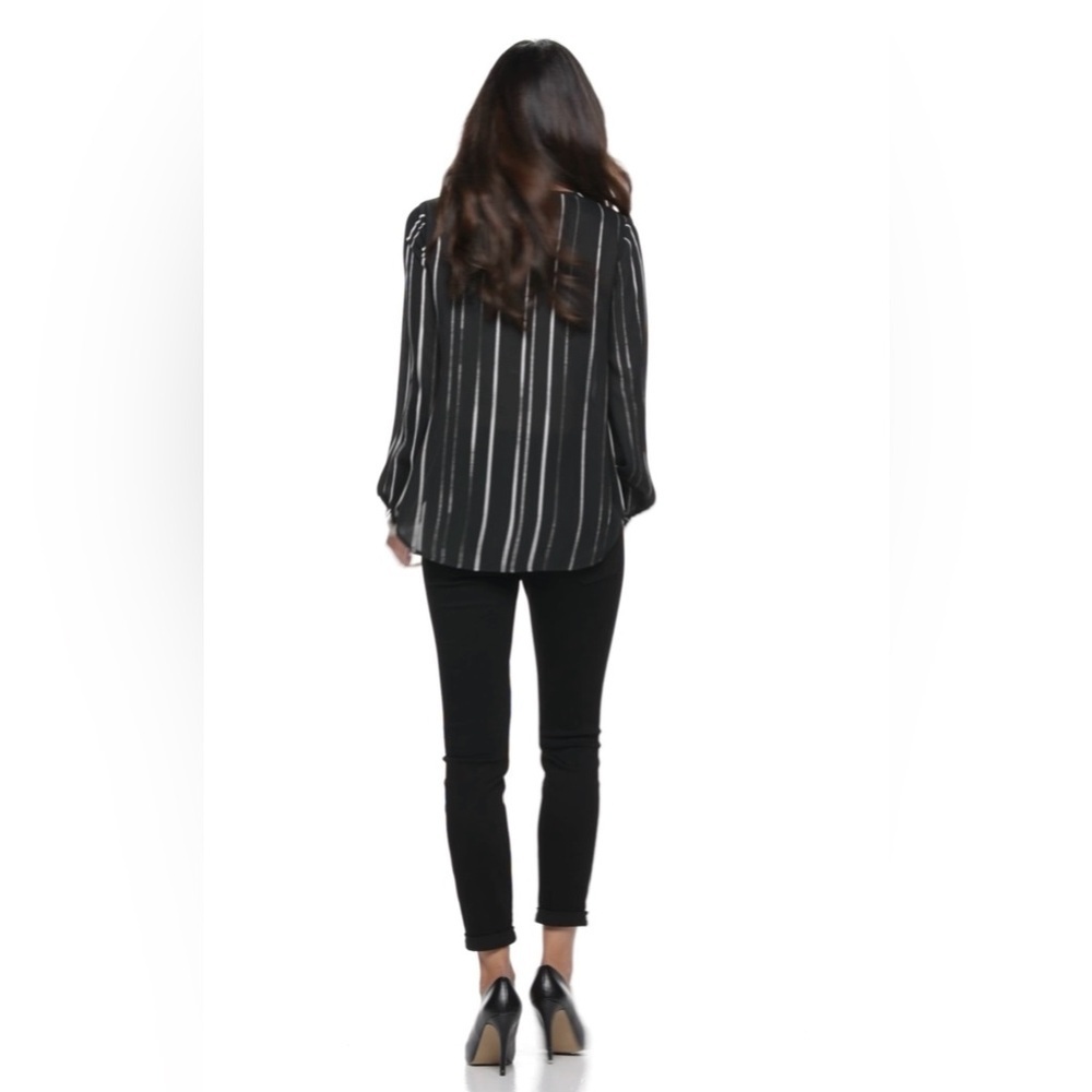 Apt. 9 Black and White Keyhole Tie Front 3/4 Sleeve Blouse Pinstripe size L - Picture 7 of 16